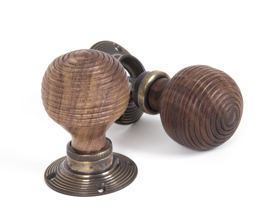 Wood + Brass BEEHIVE REEDED KNOB ON FLAT REEDED ROSE (55x75x55mm